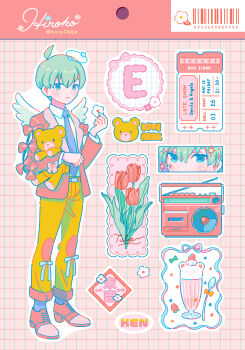 1boy ahoge angel_wings artist_name barcode blue_eyes blue_necktie bow collared_shirt commentary_request cup drinking_glass e_(letter) flower green_hair grid_background halo highres hiro046k holding holding_flower holding_stuffed_toy jacket looking_at_viewer male_focus milkshake_glass necktie original pants pants_rolled_up pink_background pink_bow pink_jacket pink_shoes radio red_flower shirt shoes short_hair smile solo spoon sticker_sheet_(medium) stuffed_animal stuffed_toy teddy_bear ticket tulip twitter_username white_flower white_shirt wings yellow_pants