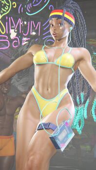 1girl 3d alternate_costume aqua_hair bikini black_hair braid breasts cleavage curvy dark-skinned_female dark_skin dreadlocks gloves highleg highleg_bikini highres kimberly_jackson long_hair looking_at_viewer multicolored_hair multiple_boys official_alternate_costume ryona shiny_skin smile solo standing street_fighter street_fighter_6 swimsuit third-party_edit thong thong_bikini wide_hips yellow_bikini
