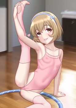 1girl armpits athletic_leotard blue_hairband breasts brown_eyes brown_hair cameltoe commentary_request covered_navel female_focus grin hairband highres hoop hula_hoop idolmaster idolmaster_cinderella_girls koga_koharu leggings leotard looking_at_viewer nora_neko_(fjya7473) on_floor parted_lips pink_leggings pink_leotard pink_thighhighs short_hair sitting skin_tight sleeveless small_breasts smile solo split sweat thighhighs