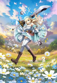 1girl absurdres aqua_eyes aqua_hat blonde_hair bomb boots breasts brown_boots cleavage copyright_notice detached_collar explosive field flower flower_field gloves greatsword hair_ornament hairclip hat highres hobbyjapan huge_weapon large_breasts looking_at_viewer marvelous official_art open_mouth queen's_blade queen's_blade_unlimited ribbon-trimmed_collar ribbon-trimmed_gloves ribbon_trim senran_kagura shuriken smile solo sunset sword thighhighs weapon white_gloves white_thighhighs yomi_(senran_kagura)