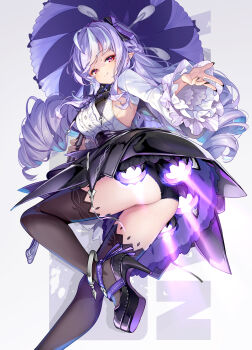 1girl black_panties black_shoes breasts closed_mouth commentary drill_hair english_text highres holding holding_umbrella hong_(white_spider) long_hair long_sleeves looking_at_viewer looking_back medium_breasts mole mole_under_eye narrowed_eyes panties pantyshot pointy_ears purple_hair red_eyes sexually_suggestive shoes smile solo thighhighs thrusters umbrella underwear upskirt variant_set vivian_banshee zenless_zone_zero