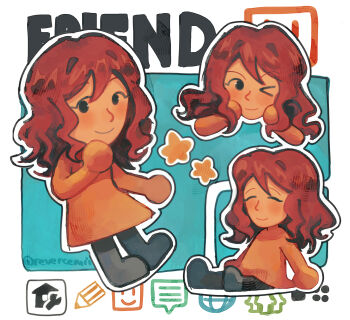 1girl black_eyes blush boots brown_hair chibi closed_mouth commentary dress dummy_girl_(mii) full_body handheld_game_console heads-up_display highres long_hair long_sleeves looking_at_viewer medium_hair mii_(nintendo) multiple_views nintendo nintendo_3ds one_eye_closed red_hair revercemii shirt smile standing star_(symbol) twitter_username user_interface