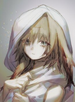 1girl animal_ears arknights blue_eyes brown_hair commentary_request ears_down grey_background hair_between_eyes hierda_(arknights) hood hood_up long_hair parted_lips rabbit_ears solo ujoe_7hr upper_body