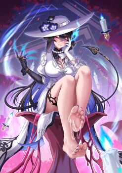 1girl absurdres asymmetrical_gloves barefoot black_claws black_hair blue_fire breasts claws cleavage commentary_request cum cum_on_body cum_on_feet curvy demon_girl demon_horns dress fire gloves hat highres honkai:_star_rail honkai_(series) horns large_breasts long_hair looking_at_viewer mismatched_gloves mole mole_under_eye multicolored_hair purple_eyes purple_hair sitting soles solo the_dahlia_(honkai:_star_rail) thick_thighs thighs toes two-tone_hair variant_set very_long_hair white_dress white_gloves white_hat zekong_pioneer