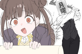 1boy 1girl absurdres amama_(pcnk4878) ass_smack baseball_bat bent_over black_pants blazer blunt_bangs brown_eyes brown_hair brown_skirt commentary_request double_bun hair_bun highres holding holding_baseball_bat idolmaster idolmaster_shiny_colors jacket lapels monday motion_blur motion_lines notched_lapels open_mouth pants pinstripe_pattern pinstripe_vest plaid_clothes plaid_skirt skirt sonoda_chiyoko swinging_baseball_bat translation_request vest