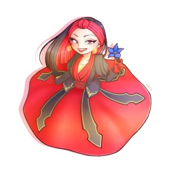 1girl animification arabian_clothes black_hair disneyland dress earrings farja gloves jewelry lipstick long_hair long_sleeves looking_at_viewer makeup red_gloves simple_background smile solo tsukiko_6358