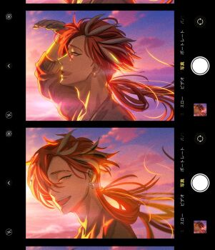 Rule 34 | 1boy, adam's apple, bevel, commentary request, earrings, fake phone screenshot, fake screenshot, fate/grand order, fate (series), grey shirt, jewelry, long hair, male focus, narrowed eyes, open mouth, outdoors, ponytail, red hair, shirt, takasugi shinsaku (fate), translation request