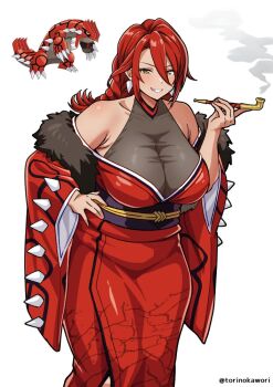 1girl armpit_crease bare_shoulders braid breasts cleavage collarbone commentary_request cowboy_shot earrings gen_3_pokemon groudon hair_between_eyes hand_on_own_hip holding holding_smoking_pipe japanese_clothes jewelry kimono large_breasts legendary_pokemon long_hair long_sleeves looking_at_viewer nintendo obi orange_eyes personification plump pokemon red_hair red_kimono reference_inset sash see-through_cleavage see-through_clothes simple_background smile smoke smoke_trail smoking_pipe solo torinokawori twitter_username white_background