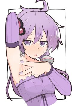 1girl ahoge arm_up armpit_focus armpits bare_shoulders blush breasts commentary_request detached_sleeves double-parted_bangs hair_between_eyes hair_ornament highres long_sleeves looking_at_viewer meruni nail_polish open_mouth presenting_armpit purple_eyes purple_hair purple_nails purple_sleeves simple_background sketch small_breasts solo spread_armpit sweatdrop twintails voiceroid yuzuki_yukari
