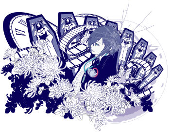 1boy analog_clock aqua_eyes blue_hair blue_jacket bug bullet_hole butterfly clock coffin commentary commentary_request digital_media_player digital_walkman dress_shirt english_commentary film_strip flower from_side gekkoukan_high_school_uniform hair_over_one_eye highres insect jacket leaf looking_ahead male_focus mixed-language_commentary nakahara_0115 open_clothes open_jacket parted_lips partially_colored persona persona_3 school_uniform shirt short_hair simple_background thanatos_(persona) upper_body walkman_nw-s203f white_background white_flower white_shirt yuuki_makoto_(persona_3)