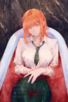 1girl bath black_necktie black_pants chainsaw_man closed_mouth collared_shirt commentary elliestsi highres long_hair looking_at_viewer makima_(chainsaw_man) necktie pants pool red_hair ringed_eyes shirt sidelocks solo symbol-only_commentary watermark white_shirt yellow_eyes