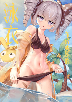 1girl absurdres bandaid beach bikini black_bikini blue_sky bow breasts bronya_zaychik cloud cloudy_sky coconut coconut_tree drill_hair grey_eyes grey_hair hair_bow highres homu_(honkai_impact) honkai_(series) honkai_impact_3rd jacket long_sleeves looking_at_viewer navel open_clothes open_jacket open_mouth orange_jacket outdoors palm_tree polka_dot polka_dot_bow sand see-through_clothes see-through_jacket sky small_breasts solo stomach summer swimsuit tree twin_drills water wet xg_epee