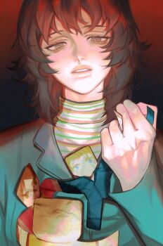 1girl absurdres aegyo_sal anya_(mouthwashing) black_background black_hair blue_jacket curly_(mouthwashing) curly_(pre-crash)_(mouthwashing) flipped_hair flipped_sidelocks futo_(tofuutoufofuto) gradient_background green_sweater half-closed_eyes hand_up hashtag-only_commentary head_tilt highres holding jacket lapels lips long_sleeves looking_at_viewer looking_down mouthwashing orange_sweater parted_lips red_background simple_background solo straight-on striped_clothes striped_sweater sweater tsurime turtleneck turtleneck_sweater two-tone_background upper_body white_sweater