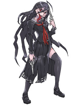 Rule 34 | 1girl, absurdres, ahoge, black hair, black serafuku, black shirt, black shoes, black skirt, black thighhighs, collared shirt, commentary request, danganronpa (series), danganronpa another episode: ultra despair girls, eyelashes, fukawa toko, full body, genocider shou, hair between eyes, hair ornament, hairclip, highres, holding, holding scissors, holding weapon, long hair, long skirt, long tongue, looking at viewer, neckerchief, open mouth, red eyes, red neckerchief, sailor collar, samidare satsuki, scar, scar on leg, school uniform, scissors, serafuku, shirt, shoes, simple background, skirt, smile, solo, tally, teeth, thighhighs, tongue, tongue out, torn clothes, torn neckerchief, torn skirt, upper teeth only, weapon, white background, white sailor collar
