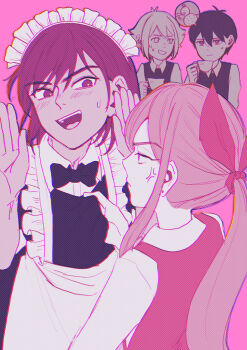 Rule 34 | 1girl, 3boys, alternate costume, alternate hairstyle, alternate sleeve length, antenna hair, aubrey (faraway) (omori), aubrey (omori), basil (faraway) (omori), basil (omori), black bow, black bowtie, black hair, black sweater vest, blonde hair, blush, bow, bowtie, bright pupils, brown eyes, brown hair, closed mouth, collared shirt, commentary request, crossdressing, crossdressing (ftm), crossdressing (mtf), cup, ear piercing, enmaided, highres, holding, holding cup, kel (faraway) (omori), kel (omori), long sleeves, looking at another, maid, maid headdress, msdnno kabe, multiple boys, omori, open mouth, orange joe (omori), piercing, pink background, pink ribbon, pink theme, ribbon, shirt, short hair, short sleeves, simple background, speech bubble, sunny (omori), sweatdrop, sweater vest, teeth, upper teeth only, white pupils, white shirt