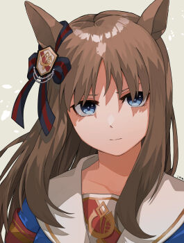 Rule 34 | 1girl, absurdres, animal ears, blue eyes, blue jacket, bow, brown hair, closed mouth, commentary request, ear bow, eyebrows hidden by hair, grass wonder (stone-piercing blue) (umamusume), grass wonder (umamusume), grey background, highres, horse ears, jacket, kogeta kaori, long hair, looking at viewer, multicolored hair, sailor collar, simple background, solo, striped bow, two-tone hair, umamusume, upper body, v-shaped eyebrows, white sailor collar
