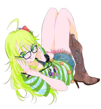 Rule 34 | 1girl, :q, ahoge, badge, bespectacled, black-framed eyewear, blonde hair, blue skirt, boots, bracelet, brown boots, button badge, closed mouth, commentary, full body, glasses, green eyes, green shirt, high heel boots, high heels, highres, hoshii miki, idolmaster, idolmaster (classic), jewelry, knees up, long hair, looking back, lying, miniskirt, najuco (naju0517), on back, shirt, short sleeves, simple background, skirt, smile, solo, striped clothes, striped shirt, tongue, tongue out, untranslatable commentary, white background
