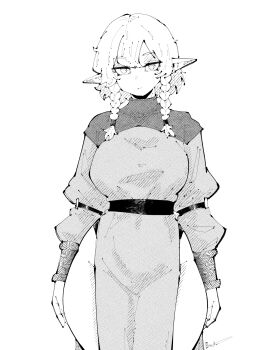 1girl absurdres belt braid breasts closed_mouth commentary cowboy_shot double-parted_bangs dress elf english_commentary expressionless greyscale hatching_(texture) highres linear_hatching long_sleeves looking_at_viewer medium_breasts medium_hair miregeist monochrome original pelvic_curtain pointy_ears sanpaku simple_background solo thick_thighs thighs twin_braids white_background