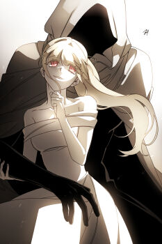 Rule 34 | 1boy, 1girl, absurdres, adashino adami, bbabbamis2, blonde hair, borrowed character, cloak, commentary request, dress, gift art, gradient background, hetero, highres, homicipher, hood, hood up, hooded cloak, korean commentary, long hair, mr. hood, pink eyes, ponytail, sitting, sitting on lap, sitting on person, sunlight, white background, white dress