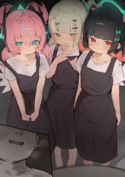 Rule 34 | 1boy, 3girls, alternate costume, angels of delusion, aria (human) (zenless zone zero), aria (zenless zone zero), black dress, black hair, blue eyes, blunt bangs, blush, closed mouth, dress, green eyes, green hair, hair ornament, halo, highres, multicolored hair, multiple girls, nangong yu, open mouth, pink hair, quad tails, red eyes, red hair, shirt, short sleeves, sunna (zenless zone zero), twintails, white shirt, xaea xp, zenless zone zero