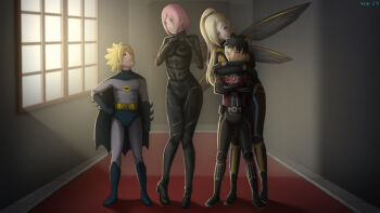 2boys 2girls ant-man ant-man_(cosplay) ant-man_(series) artist_name batman batman_(cosplay) batman_(series) black_bodysuit black_hair blonde_hair blue_eyes blush bodysuit boruto:_naruto_next_generations cape catwoman catwoman_(cosplay) commission cosplay crossed_arms dc_comics facial_mark forehead_mark full_body green_eyes grin haruno_sakura hug hug_from_behind indoors kawaki_(boruto) long_hair looking_at_another marvel mature_female multicolored_hair multiple_boys multiple_girls naruto_(series) older_female_and_younger_male panther pink_hair ponytail scy_25 short_hair smile two-tone_hair uzumaki_boruto wasp_(marvel) wasp_(marvel)_(cosplay) window wings yamanaka_ino