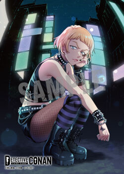 1girl annoyed arched_bangs belt belt_buckle black_belt black_boots black_nails black_shirt black_shorts blonde_hair blue_eyes boots bracelet buckle building butterfly_tattoo chain chianti_(meitantei_conan) closed_mouth commentary_request copyright_logo copyright_notice fisheye fishnet_pantyhose fishnets full_body hand_on_own_cheek hand_on_own_face highres jewelry lens_flare logo looking_at_viewer meitantei_conan nagisa_mmm night official_art outdoors pantyhose shirt short_hair shorts sky skyscraper sleeveless sleeveless_shirt solo squatting star_(sky) starry_sky striped_clothes striped_thighhighs tattoo thighhighs