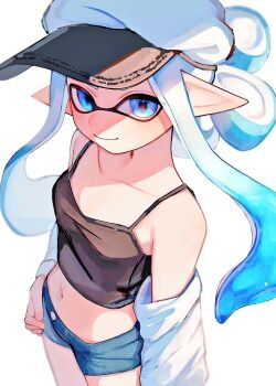 1girl bare_shoulders black_shirt blue_eyes blue_hair blue_shorts breasts closed_mouth collarbone cowboy_shot crop_top hat inkling inkling_girl inkling_player_character kodak_painter long_hair long_pointy_ears looking_at_viewer midriff multicolored_hair navel newsboy_cap nintendo pointy_ears shirt shorts simple_background sleeveless sleeveless_shirt small_breasts smile solo splatoon_(series) tentacle_hair two-tone_hair white_background white_hair white_hat