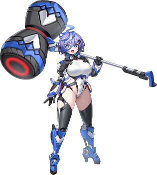 1girl android blue_eyes breasts cleavage_cutout clothing_cutout curvy full_body hammer highleg highleg_leotard highres holding holding_weapon impossible_clothes impossible_leotard large_breasts leotard lilith-soft looking_at_viewer multicolored_hair namaniku_atk non-web_source open_mouth oversized_clothes purple_hair revealing_clothes shiny_clothes shiny_skin short_hair standing taimanin_(series) taimanin_rpgx taimanin_suit thick_thighs thighs thong_leotard transparent_background tsukumo_mogami two-tone_hair weapon white_leotard wide_hips