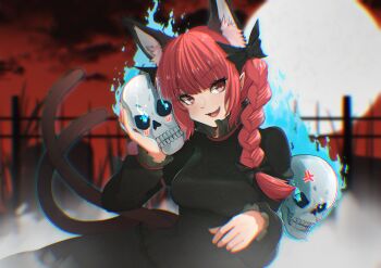 1girl :d absurdres animal_ear_fluff animal_ears black_dress blunt_bangs blurry blurry_background blush braid breasts cat_ears cat_girl cat_tail commentary_request dress extra_ears fence full_moon giya highres kaenbyou_rin large_breasts long_hair long_sleeves moon multiple_tails open_mouth outdoors pointy_ears red_eyes red_hair side_braids skull smile solo tail touhou twin_braids two_tails