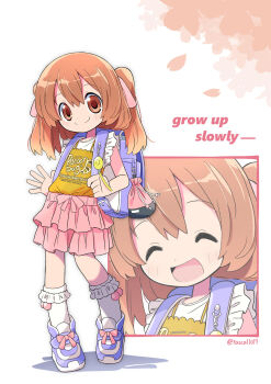 1girl :d ^_^ backpack bag blue_bag blue_shoes bow brown_eyes child closed_eyes closed_mouth clothes_writing commentary_request commission crew_neck crime_prevention_buzzer double-parted_bangs english_text falling_leaves footwear_bow frilled_shirt frilled_skirt frills full_body hair_bow highres holding_strap kneehighs leaf looking_at_viewer medium_hair miniskirt multiple_expressions multiple_hair_bows open_mouth orange_hair orange_leaf original pink_bow pink_skirt pouch randoseru rascal_(feuille) shirt shoes sidelocks skeb_commission skirt sleeveless sleeveless_shirt smile sneakers socks spaghetti_strap standing twitter_username two_side_up vest waist_bow waving white_background white_shirt white_socks yellow_vest