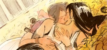 2girls aerith_gainsborough assault_lily bangle bare_shoulders black_bra black_hair blush bra bracelet brown_hair closed_eyes earrings elbow_gloves final_fantasy final_fantasy_vii final_fantasy_vii_remake flower flower_bed gloves hair_ribbon highres hug jacket jewelry kiss long_hair low-tied_long_hair lying marianne_khalil multiple_girls on_side parted_bangs parted_lips pink_ribbon red_jacket ribbon shirt sketch smile sports_bra tifa_lockhart underwear white_shirt yellow_flower yuri