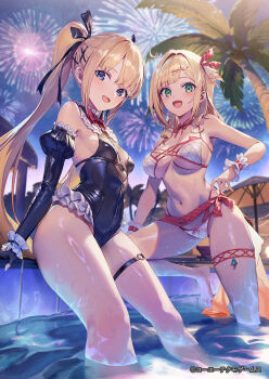 2girls aerial_fireworks alvina_zimlock arm_support atelier_(series) atelier_resleriana bikini black_gloves black_one-piece_swimsuit black_ribbon blonde_hair blue_eyes breasts commentary_request copyright_notice dead_or_alive dead_or_alive_xtreme elbow_gloves fireworks frilled_wristband gesoking gloves green_eyes hair_intakes hair_ribbon highres large_breasts long_hair looking_at_viewer marie_rose multiple_girls navel o-ring o-ring_thigh_strap one-piece_swimsuit open_mouth palm_tree red_trim ribbon second-party_source small_breasts smile soaking_feet swimsuit thigh_strap tree twintails water white_bikini