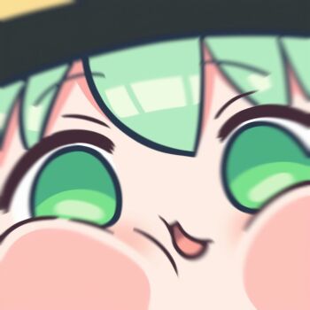 1girl :3 black_hat blush cheek_press green_eyes green_hair hachimedes hair_between_eyes happy hat komeiji_koishi looking_at_viewer motion_blur open_mouth puffy_cheeks raised_eyebrows screen smile tongue touhou