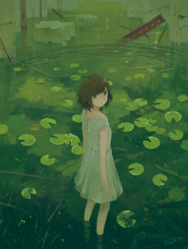 1girl black_hair concrete dress from_behind green_eyes green_theme highres kensight328 lily_pad looking_back original rebar short_hair sleeveless sleeveless_dress soaking_feet solo wading white_dress wide_shot