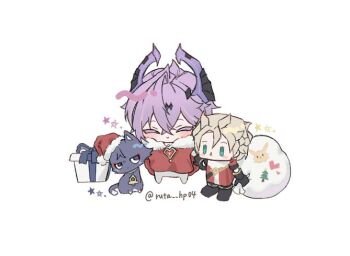 1boy albedo_(genshin_impact) animalization black_cat black_horns blush box cat chest_jewel chibi christmas_tree closed_eyes closed_mouth coat colored_eyelashes commentary_request creature_print crossed_bangs dodoco_(genshin_impact) dragon_boy dragon_horns durin_(genshin_impact) facing_viewer fur-trimmed_coat fur_trim gem genshin_impact gift gift_box hair_between_eyes hat heart heart-shaped_gem heart_print horns male_focus objectification purple_hair purple_horns red_coat red_gemstone red_hat ruta_hp04 santa_hat scaramouche_(cat)_(genshin_impact) scaramouche_(genshin_impact) smile standing star_(symbol) toy tree_print twitter_username white_background