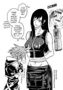 1girl 2boys absurdres age_difference bluesky_username breasts cloud_strife commentary english_commentary english_text final_fantasy final_fantasy_vii final_fantasy_vii:_advent_children fingerless_gloves gloves greyscale height_difference hetero highres hip_bones hood hooded_jacket jacket jealous kingdom_hearts kingdom_hearts_ii large_breasts midriff monochrome multiple_boys navel onee-shota onism179 out_of_character robe shaded_face short-sleeved_jacket short_sleeves skirt smile sora_(kingdom_hearts) spiked_hair tifa_lockhart twiddling_fingers vest