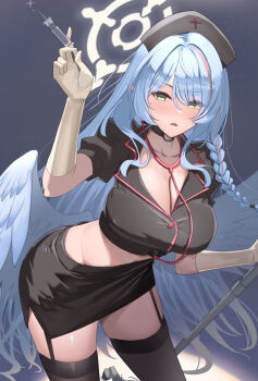 1girl alternate_costume angel_wings arm_up black_hat black_shirt black_skirt black_thighhighs blue_archive blue_hair blue_wings blush braid breasts cleavage collarbone commentary_request cowboy_shot crop_top elbow_gloves feathered_wings garter_straps gloves green_eyes groin hair_between_eyes halloween_costume halo hat highres holding holding_syringe large_breasts latex latex_gloves long_hair looking_at_viewer midriff mine_(blue_archive) miniskirt multicolored_hair navel nurse_cap parted_lips pointy_ears shirt short_sleeves shougun_(chuckni1) sidelocks skirt solo standing stethoscope_around_neck streaked_hair syringe thighhighs white_gloves wings zettai_ryouiki
