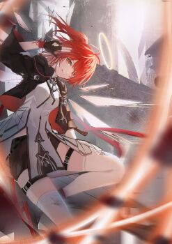 1girl arknights black_gloves black_jacket black_shorts exusiai_(arknights) exusiai_the_new_covenant_(arknights) gloves h4nam1 highres jacket looking_at_viewer medium_hair one_side_up open_clothes open_jacket orange_eyes partially_fingerless_gloves red_hair shirt shorts solo thigh_strap thighhighs white_shirt white_thighhighs