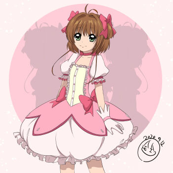 1girl 964905950 absurdres arms_at_sides artist_name bow brown_hair bubble_skirt buttons cardcaptor_sakura choker closed_mouth collarbone commentary cosplay cowboy_shot dated dress dress_bow flat_chest frilled_dress frilled_sleeves frills gloves green_eyes hair_bow highres kaname_madoka kaname_madoka_(cosplay) kaname_madoka_(magical_girl) kinomoto_sakura looking_at_viewer magical_girl mahou_shoujo_madoka_magica mahou_shoujo_madoka_magica_(anime) pink_background pink_bow pink_choker pink_dress ribbon_choker shadow short_hair short_sleeves skirt smile solo split_mouth standing two-tone_dress two_side_up white_background white_dress white_gloves