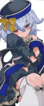 1girl absurdres alternate_costume averting_eyes bat_wings black_dress blue_hair blue_hat bow crossed_bangs dress gotoh_(nekocat) hair_between_eyes hat hat_bow highres jiangshi_costume knee_cutout long_sleeves medium_hair qingdai_guanmao red_eyes remilia_scarlet scan simple_background solo thighhighs third-party_source touhou white_background white_thighhighs wings yellow_bow
