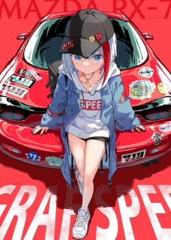 1girl admiral_graf_spee_(azur_lane) azur_lane baseball_cap black_hat blue_eyes blue_jacket car english_text grey_hair hat highres hood hoodie jacket mazda medium_hair motor_vehicle multicolored_hair open_clothes open_jacket osisio red_car red_hair solo thighs two-tone_hair white_hoodie
