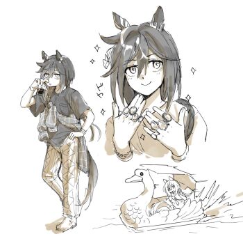 1girl animal_ears armlet boat camouflage camouflage_pants casual checkered_clothes checkered_shirt cup ear_covers ear_ornament greyscale hair_between_eyes hashtag-only_commentary highres holding holding_cup horse_ears horse_girl horse_tail jewelry lia_(retiredstarmiya) looking_at_viewer monochrome on_boat pants ring shirt simple_background solo sparkle sparkling_aura stay_gold_(casual)_(umamusume) stay_gold_(umamusume) tail umamusume watercraft