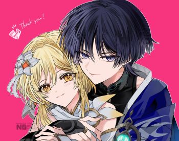 1boy 1girl anemo_symbol_(genshin_impact) aqua_gem armpit_crease bare_shoulders bishounen black_bodysuit black_bridal_gauntlets black_hair blonde_hair blue_cape blunt_ends blush bodysuit bridal_gauntlets cape closed_mouth commentary_request couple covered_collarbone curtained_hair detached_sleeves eyeliner flower gem genshin_impact gold_ring hair_flower hair_intakes hair_ornament hand_on_another's_arm heads_together height_difference hetero hhlxxm highres hug hug_from_behind looking_at_viewer lumine_(as_heaven_and_earth_are_made_anew)_(genshin_impact) lumine_(genshin_impact) makeup mandarin_collar middle_ring official_alternate_costume purple_eyes red_background red_eyeliner red_gem scaramouche_(genshin_impact) scarf short_hair short_hair_with_long_locks shoulder_peek sidelocks smile thank_you vision_(genshin_impact) wanderer_(genshin_impact) watermark white_bridal_gauntlets white_flower white_scarf white_sleeves white_trim wispy_bangs