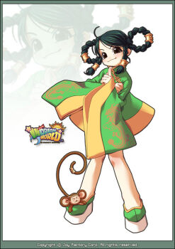 1girl ahoge arrow_(symbol) blush border braid brown_eyes chin-mei china_dress chinese_clothes circlet closed_mouth collared_dress copyright_name copyright_notice crescent_moon dragon_print dress dual_persona english_text gold_circlet gold_hair_tie green_border green_shoes green_sleeves hair_rings half_updo in_dream_world logo long_tail looking_at_viewer low-tied_sidelocks mandarin_collar monkey monkey_tail moon official_art parted_lips platform_shoes popcorn_kang print_sleeves projected_inset ring_hair_ornament second-party_source shoes short_dress sidelocks smile star_(symbol) sun tail tail_ornament twin_braids wide_sleeves yellow_trim