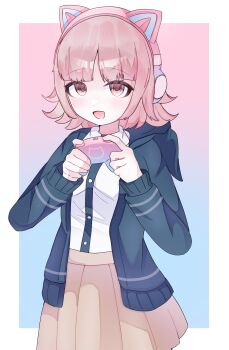 1girl :d absurdres animal_ear_headphones animal_ears black_jacket black_shirt blush brown_skirt cat_ear_headphones cat_ears controller cowboy_shot danganronpa_(series) danganronpa_2:_goodbye_despair fake_animal_ears game_controller headphones highres holding holding_controller holding_game_controller hood hood_down hooded_jacket jacket long_sleeves miniskirt nanami_chiaki naru_naru_no_shiromi no_hair_ornament open_clothes open_jacket open_mouth pink_background pink_eyes pleated_skirt shirt skirt smile solo two-tone_shirt white_background white_shirt