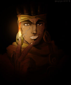 1boy chiaroscuro commentary_request dark dark-skinned_male dark_skin earrings facial_mark fire headband jewelry jojo_no_kimyou_na_bouken male_focus mohammed_avdol mugicha_(zoro1132) portrait smile solo stardust_crusaders