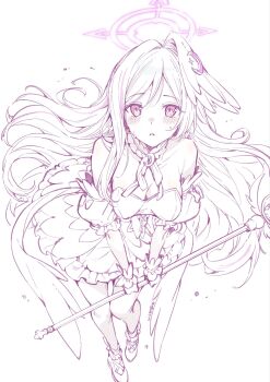 1girl :&lt; alternate_breast_size_(larger) ballet_slippers blue_archive blush breasts cleavage commentary_request crescent crescent_hair_ornament detached_sleeves dress fake_wings floating_hair frilled_dress frills from_above hair_ornament halo head_wings highres holding holding_wand looking_at_viewer magical_girl medium_breasts monochrome official_alternate_costume pink_halo red_eyes single_hair_intake single_head_wing solo suzumi_(blue_archive) suzumi_(magical)_(blue_archive) thighhighs triangle_mouth wand white_background white_hair wings wrist_cuffs youguo_naberu