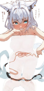 1girl absurdres ahoge animal_ear_fluff animal_ear_piercing animal_ears aqua_eyes breasts closed_mouth fox_ears fox_girl fox_tail highres hololive looking_at_viewer medium_breasts shirakami_fubuki smile solo tail tazrn1 translation_request virtual_youtuber white_hair