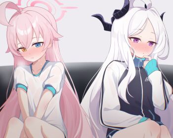 2girls ahoge blue_archive blue_eyes blush breasts demon_girl demon_horns gym_uniform halo heterochromia highres hina_(blue_archive) horns hoshino_(blue_archive) long_hair minamino_3730 multiple_girls pink_hair pink_halo purple_eyes sitting small_breasts very_long_hair white_hair