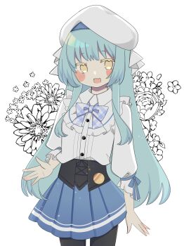 1girl 9ra4ki33 :d \||/ absurdres aqua_hair arm_at_side beret black_pantyhose blue_bow blue_ribbon blue_skirt blush_stickers bow collared_shirt colored_eyelashes commentary_request cowboy_shot daitoshokan_no_hitsujikai frilled_shirt frills hand_up happy hat highres light_particles long_hair long_sleeves looking_at_viewer miniskirt open_mouth pantyhose plaid_bow pleated_skirt puffy_long_sleeves puffy_sleeves ribbon shirt sidelocks simple_background skirt sleeve_ribbon smile solo straight_hair teeth upper_teeth_only ureshino_sayumi very_long_hair waving white_background white_hat white_shirt yellow_eyes